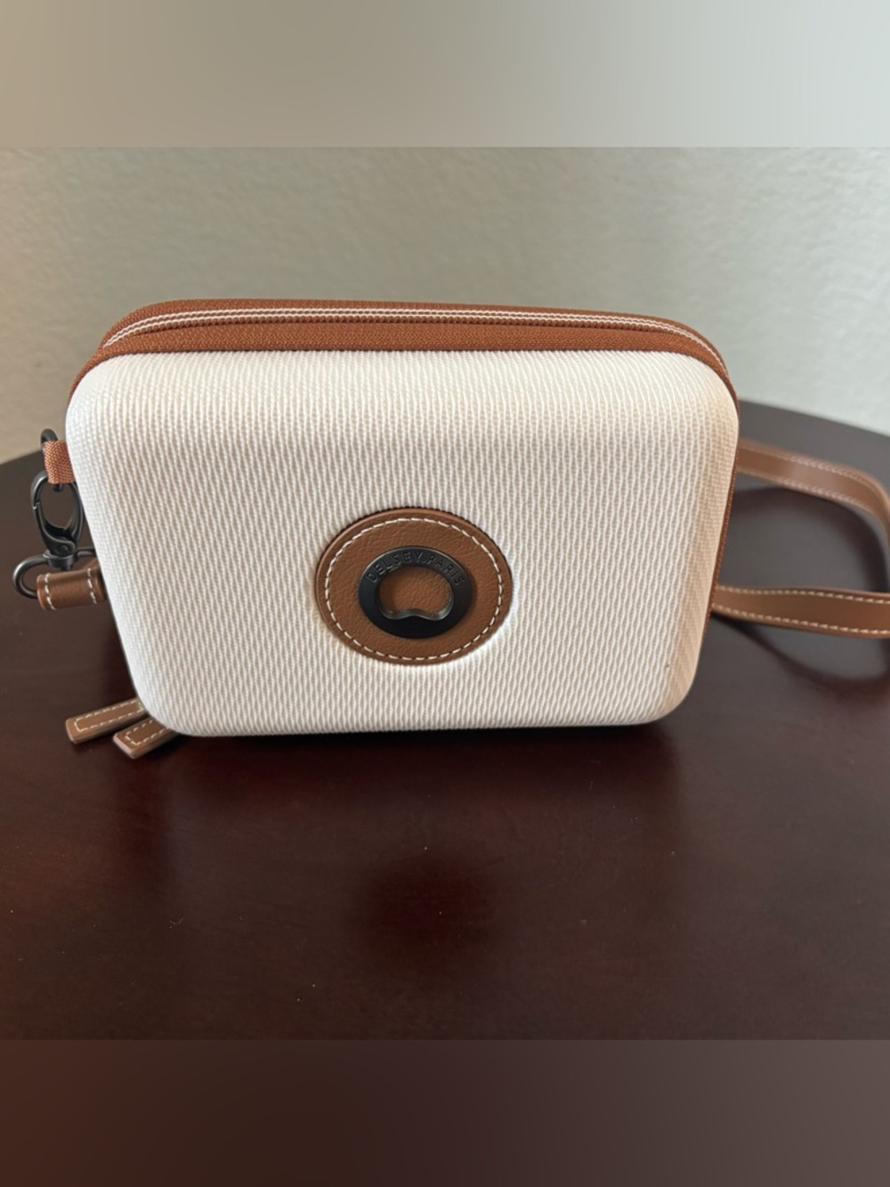 Cream and Tan Structured Crossbody Bag with Contrast Trim